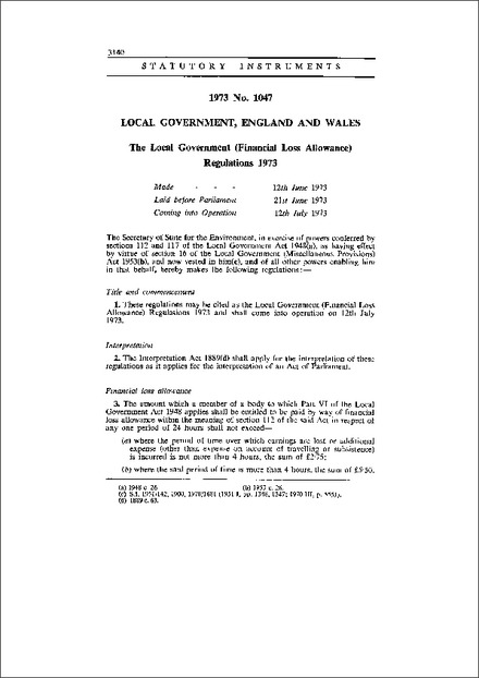 The Local Government (Financial Loss Allowance) Regulations 1973
