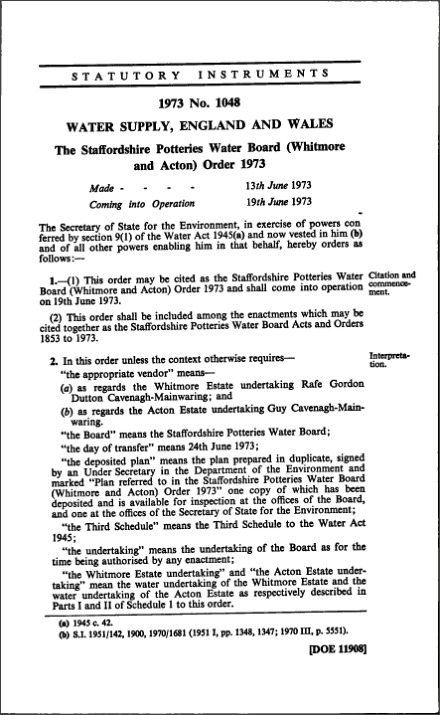 The Staffordshire Potteries Water Board (Whitmore and Acton) Order 1973