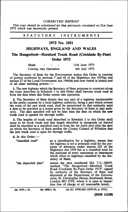The Hungerford—Hereford Trunk Road (Cricklade By-Pass) Order 1973