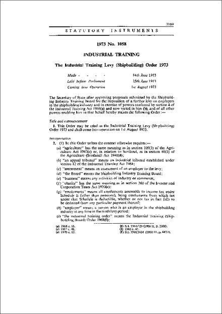 The Industrial Training Levy (Shipbuilding) Order 1973