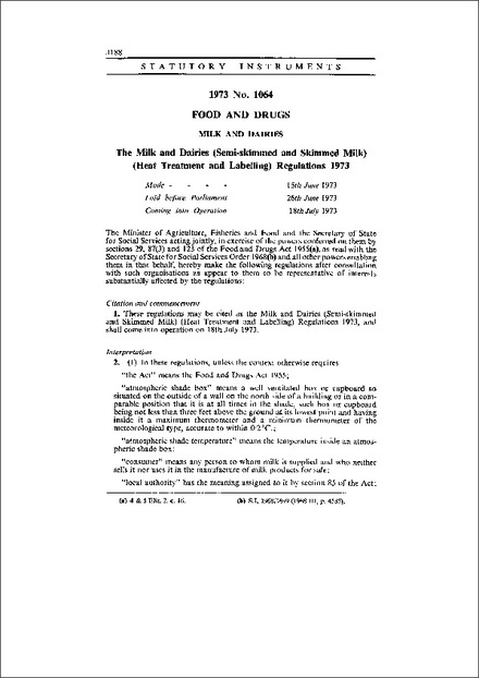 The Milk and Dairies (Semi-skimmed and Skimmed Milk) (Heat Treatment and Labelling) Regulations 1973