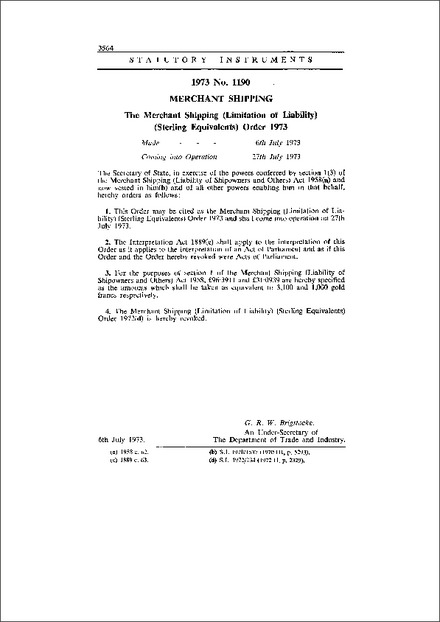 The Merchant Shipping (Limitation of Liability) (Sterling Equivalents) Order 1973