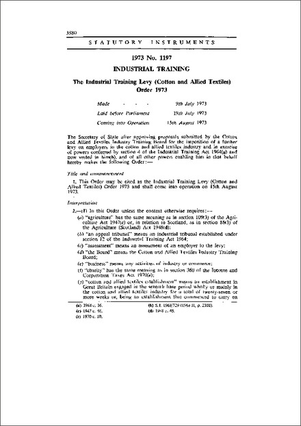 The Industrial Training Levy (Cotton and Allied Textiles) Order 1973
