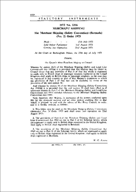 The Merchant Shipping (Safety Convention) (Bermuda) (No. 2) Order 1973