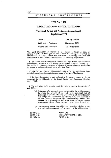 The Legal Advice and Assistance (Amendment) Regulations 1973
