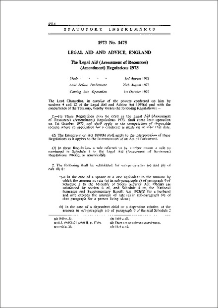 The Legal Aid (Assessment of Resources) (Amendment) Regulations 1973