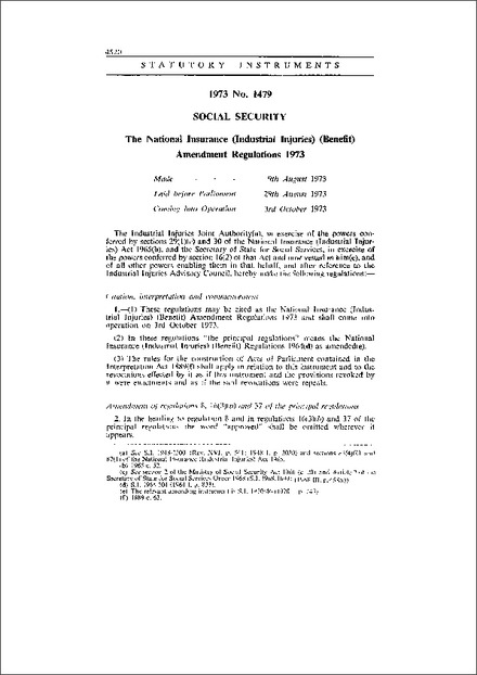 The National Insurance (Industrial Injuries) (Benefit) Amendment Regulations 1973