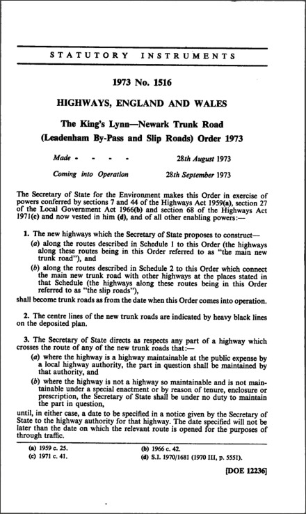 The King’s Lynn—Newark Trunk Road (Leadenham By-Pass and Slip Roads) Order 1973