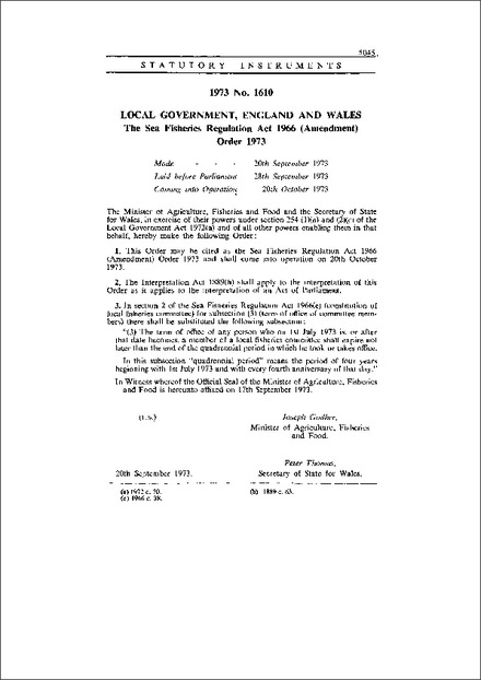The Sea Fisheries Regulation Act 1966 (Amendment) Order 1973