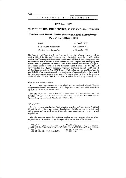 The National Health Service (Superannuation) (Amendment) (No. 3) Regulations 1973