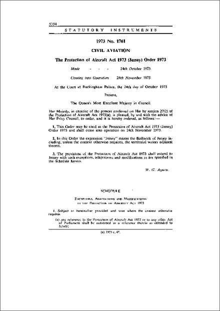 The Protection of Aircraft Act 1973 (Jersey) Order 1973