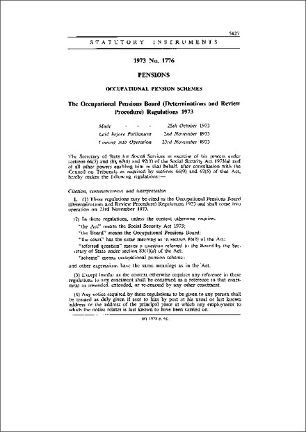 The Occupational Pensions Board (Determinations and Review Procedure) Regulations 1973
