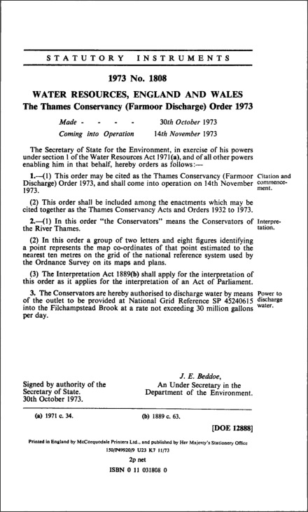The Thames Conservancy (Farmoor Discharge) Order 1973