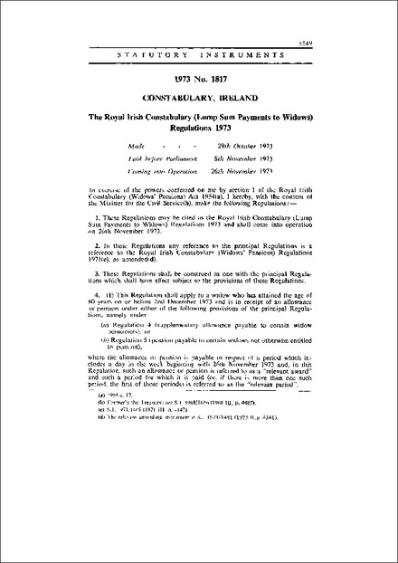 The Royal Irish Constabulary (Lump Sum Payments to Widows) Regulations 1973