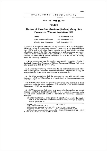 The Special Constables (Pensions) (Scotland) (Lump Sum Payments to Widows) Regulations 1973