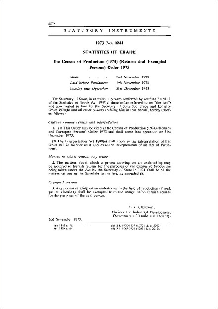 The Census of Production (1974) (Returns and Exempted Persons) Order 1973