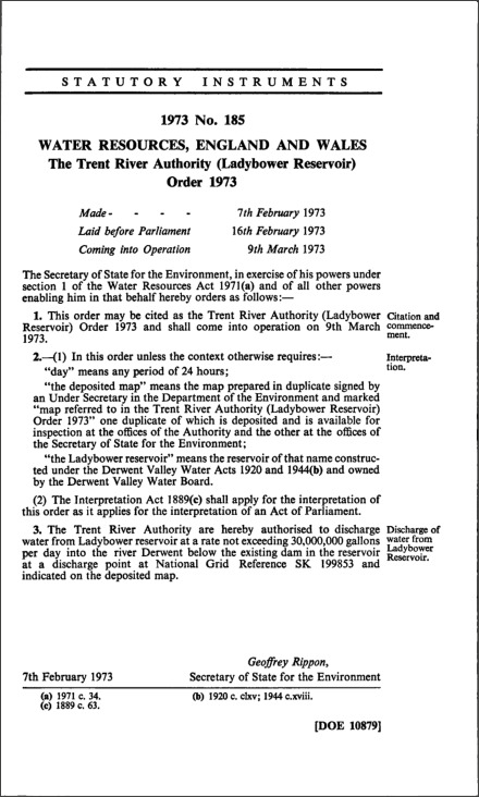 The Trent River Authority (Ladybower Reservoir) Order 1973