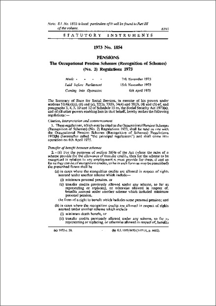 The Occupational Pension Schemes (Recognition of Schemes) (No. 2) Regulations 1973