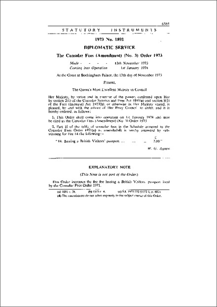 The Consular Fees (Amendment) (No. 3) Order 1973