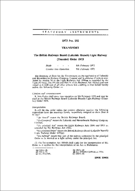 The British Railways Board (Lakeside Branch) Light Railway (Transfer) Order 1973
