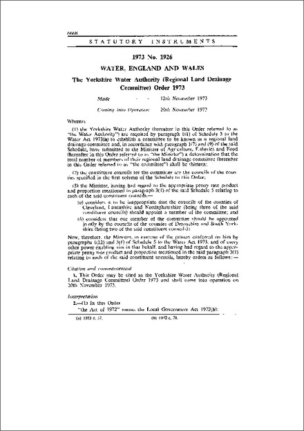 The Yorkshire Water Authority (Regional Land Drainage Committee) Order 1973