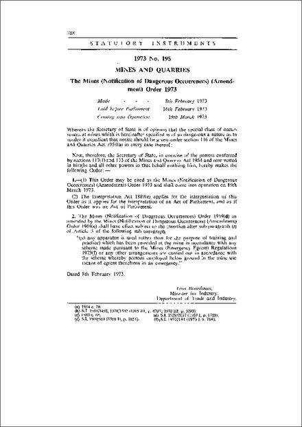 The Mines (Notification of Dangerous Occurrences) (Amendment) Order 1973