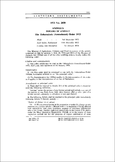 The Tuberculosis (Amendment) Order 1973
