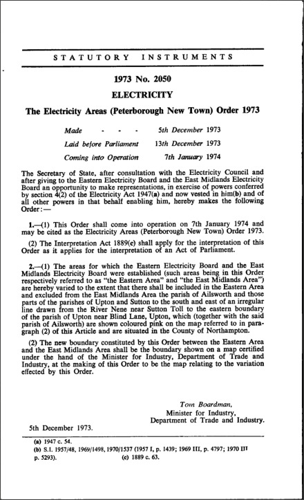 The Electricity Areas (Peterborough New Town) Order 1973