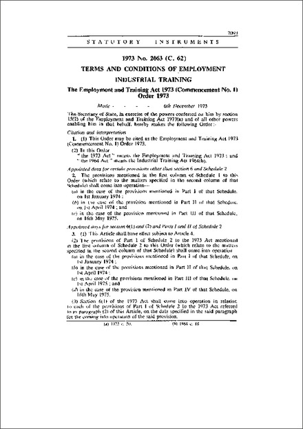 The Employment and Training Act 1973 (Commencement No. 1) Order 1973