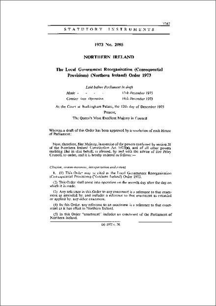 The Local Government Reorganisation (Consequential Provisions) (Northern Ireland) Order 1973