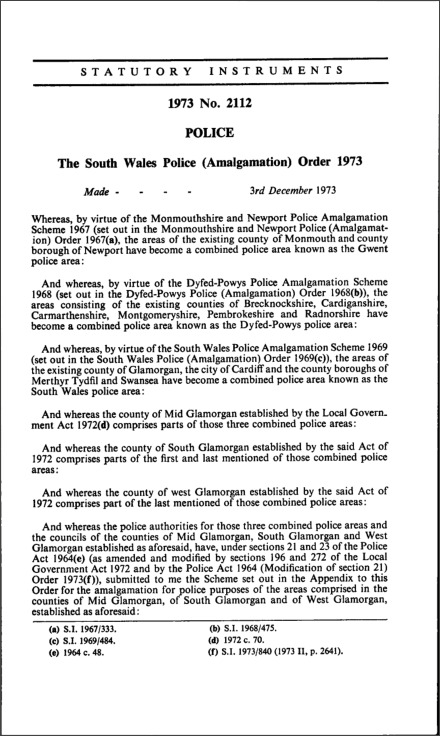The South Wales Police (Amalgamation) Order 1973