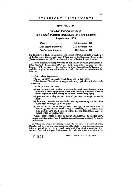 The Textile Products (Indications of Fibre Content) Regulations 1973
