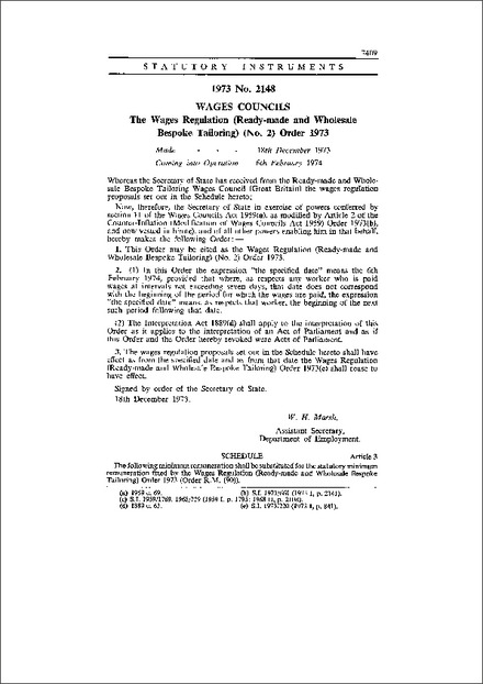 The Wages Regulation (Ready-made and Wholesale Bespoke Tailoring) (No. 2) Order 1973