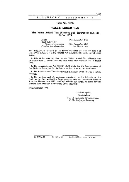 The Value Added Tax (Finance and Insurance) (No. 2) Order 1973
