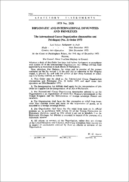 The International Cocoa Organization (Immunities and Privileges) (No. 2) Order 1973