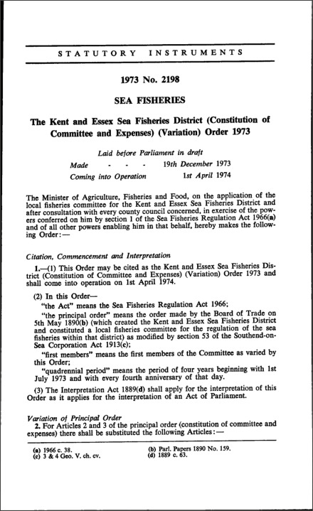 The Kent and Essex Sea Fisheries District (Constitution of Committee and Expenses) (Variation) Order 1973