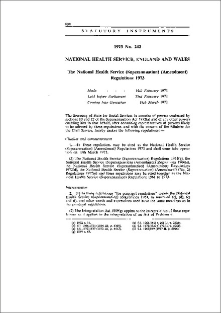 The National Health Service (Superannuation) (Amendment) Regulations 1973