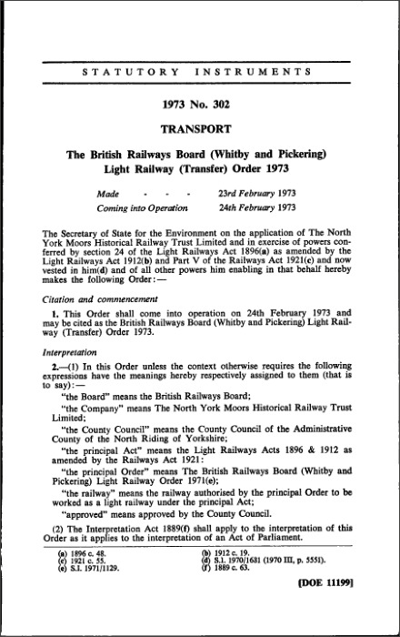 The British Railways Board (Whitby and Pickering) Light Railway (Transfer) Order 1973
