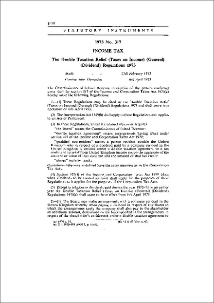 The Double Taxation Relief (Taxes on Income) (General) (Dividend) Regulations 1973