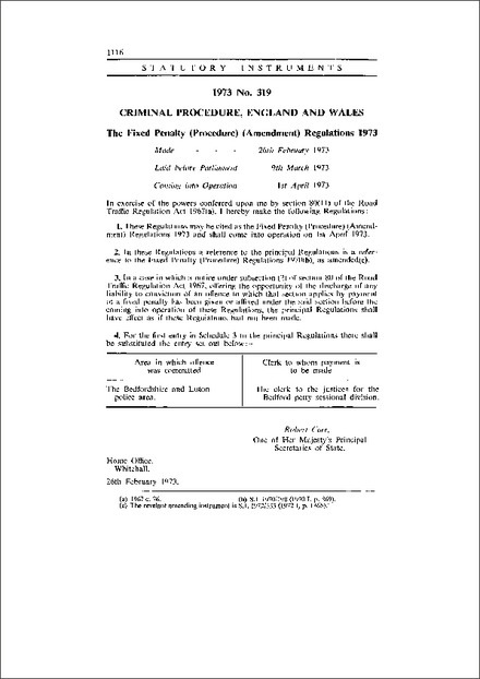 The Fixed Penalty (Procedure) (Amendment) Regulations 1973