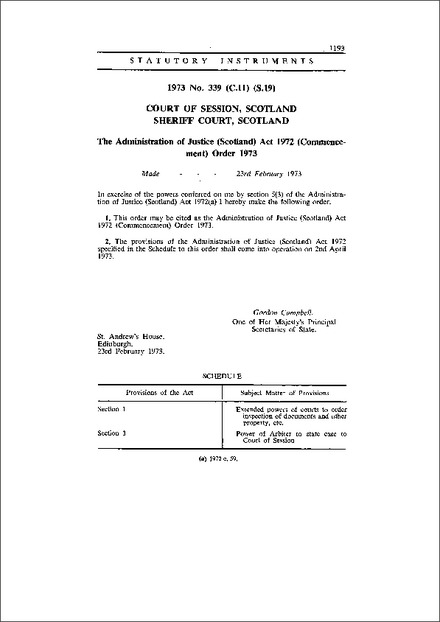 The Administration of Justice (Scotland) Act 1972 (Commencement) Order 1973
