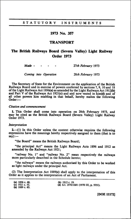 The British Railways Board (Severn Valley) Light Railway Order 1973