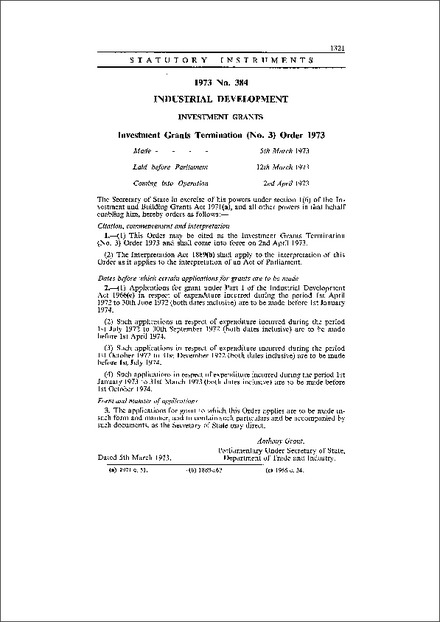 Investment Grants Termination (No. 3) Order 1973