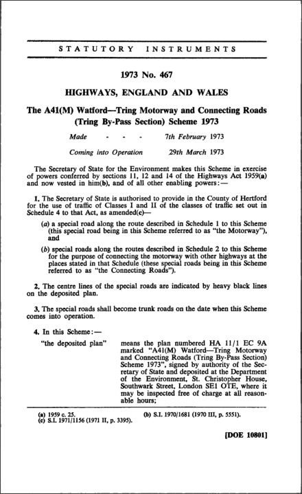 The A41(M) Watford—Tring Motorway and Connecting Roads (Tring By-Pass Section) Scheme 1973