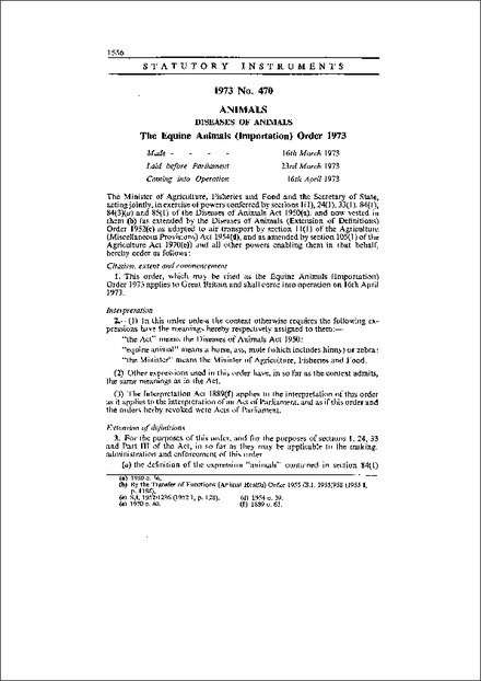 The Equine Animals (Importation) Order 1973