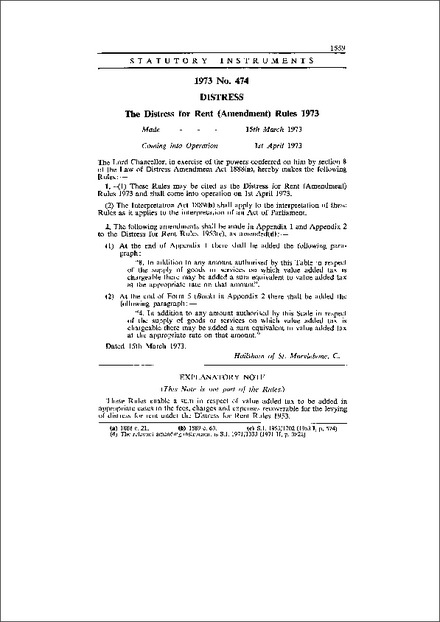 The Distress for Rent (Amendment) Rules 1973