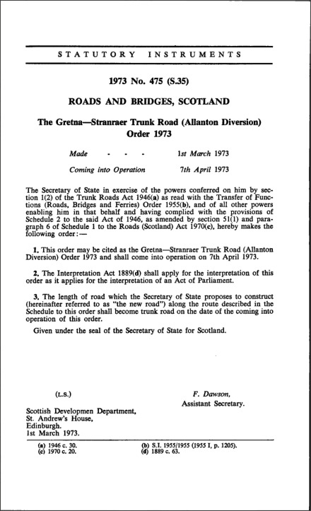 The Gretna—Stranraer Trunk Road (Allanton Diversion) Order 1973