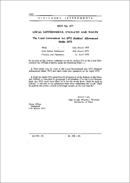 The Local Government Act 1972 (Justices' Allowances) Order 1973