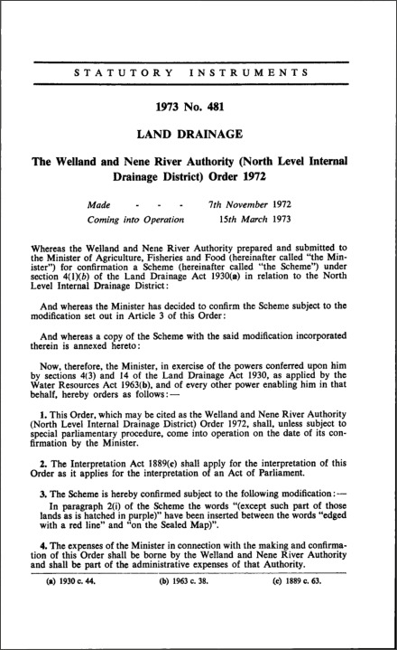 The Welland and Nene River Authority (North Level Internal Drainage District) Order 1972