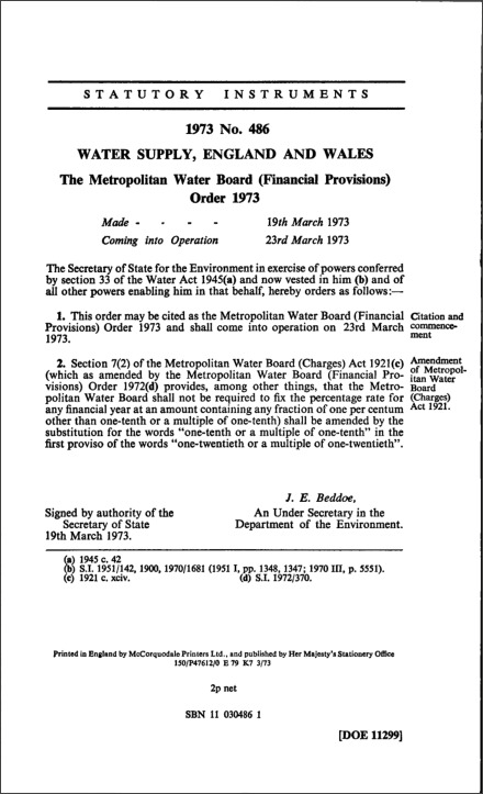The Metropolitan Water Board (Financial Provisions) Order 1973